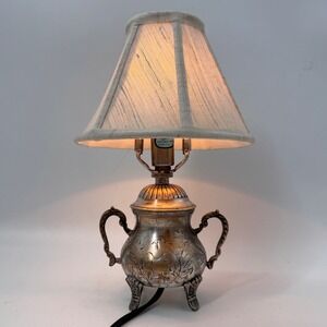 Vintage Mini Urn Accent Lamp Silver Tone Etched Floral India 12"